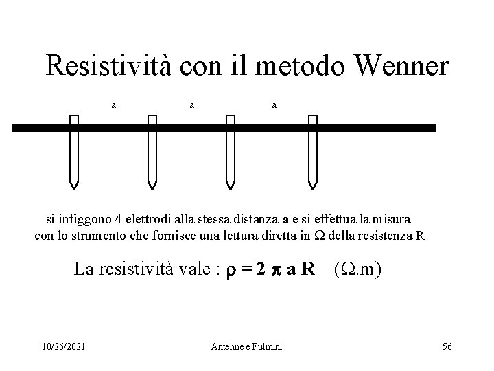 Resistività con il metodo Wenner a a a si infiggono 4 elettrodi alla stessa