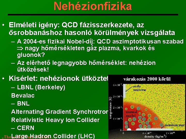 Nehézionfizika • Elméleti igény: QCD fázisszerkezete, az ősrobbanáshoz hasonló körülmények vizsgálata A 2004 -es