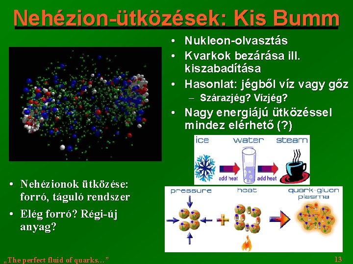 Nehézion-ütközések: Kis Bumm • Nukleon-olvasztás • Kvarkok bezárása ill. kiszabadítása • Hasonlat: jégből víz