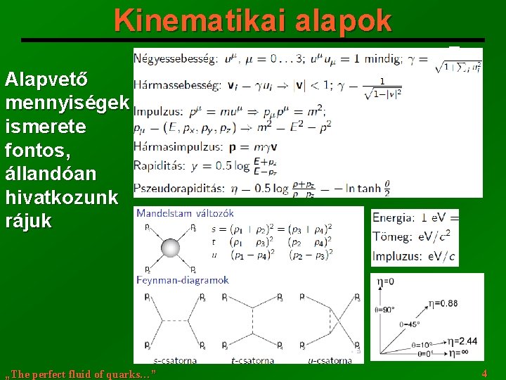 Kinematikai alapok Alapvető mennyiségek ismerete fontos, állandóan hivatkozunk rájuk „The perfect fluid of quarks…”