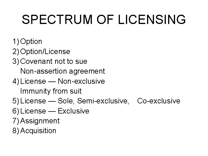 SPECTRUM OF LICENSING 1) Option 2) Option/License 3) Covenant not to sue Non-assertion agreement