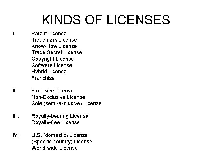 KINDS OF LICENSES I. Patent License Trademark License Know-How License Trade Secret License Copyright