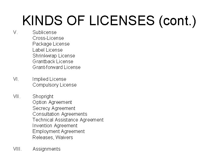 KINDS OF LICENSES (cont. ) V. Sublicense Cross-License Package License Label License Shrinkwrap License