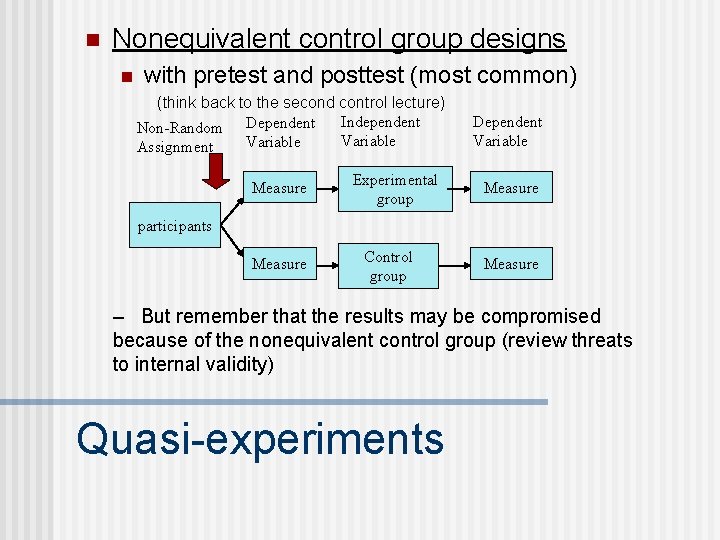n Nonequivalent control group designs n with pretest and posttest (most common) (think back n Nonequivalent control group designs n with pretest and posttest (most common) (think back