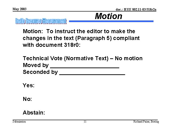 May 2003 doc. : IEEE 802. 11 -03/318 r 2 a Motion: To instruct