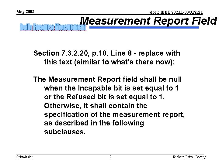 May 2003 doc. : IEEE 802. 11 -03/318 r 2 a Measurement Report Field