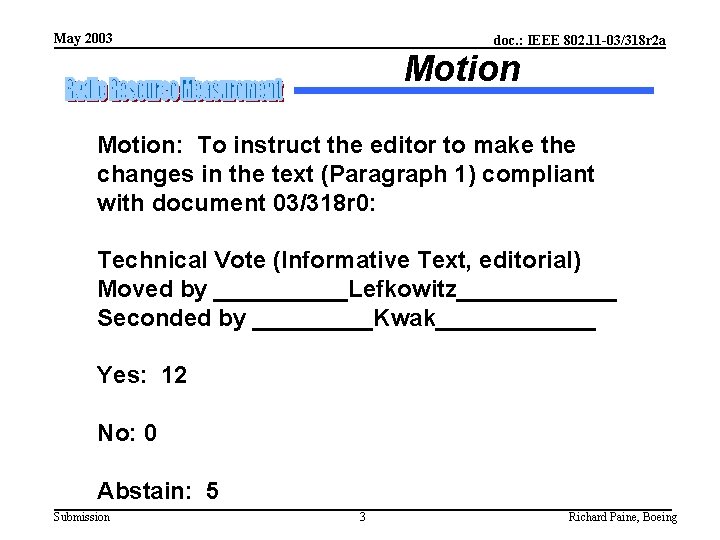 May 2003 doc. : IEEE 802. 11 -03/318 r 2 a Motion: To instruct