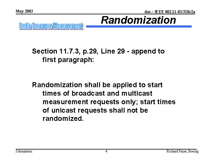May 2003 doc. : IEEE 802. 11 -03/318 r 2 a Randomization Section 11.