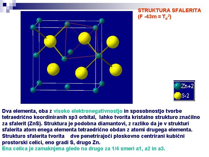 STRUKTURA SFALERITA (F -43 m = Td 2) Dva elementa, oba z visoko elektronegativnostjo