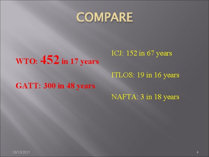 COMPARE WTO: 452 in 17 years ICJ: 152 in 67 years ITLOS: 19 in