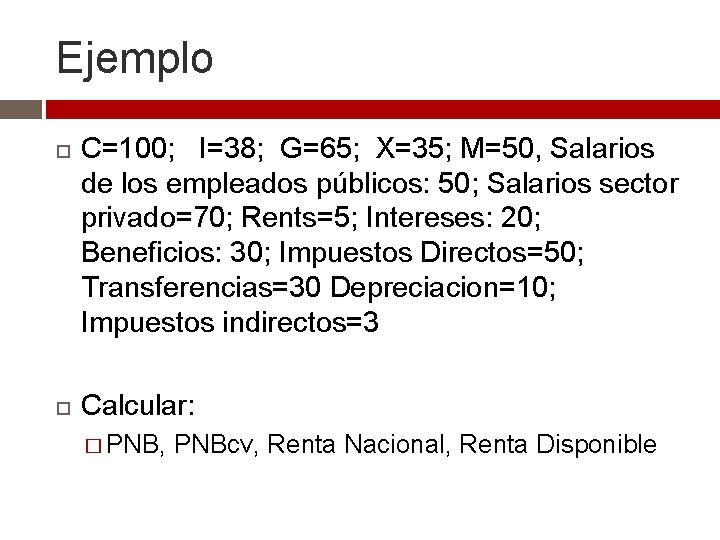 Ejemplo C=100; I=38; G=65; X=35; M=50, Salarios de los empleados públicos: 50; Salarios sector