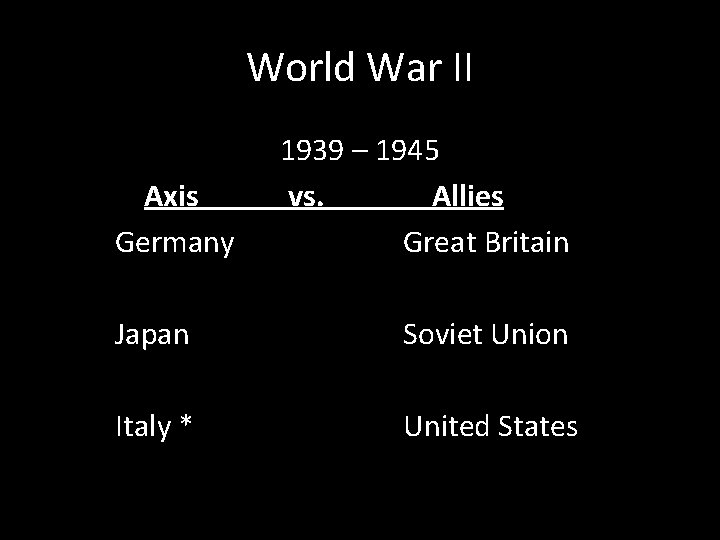 World War II Axis Germany 1939 – 1945 vs. Allies Great Britain Japan Soviet