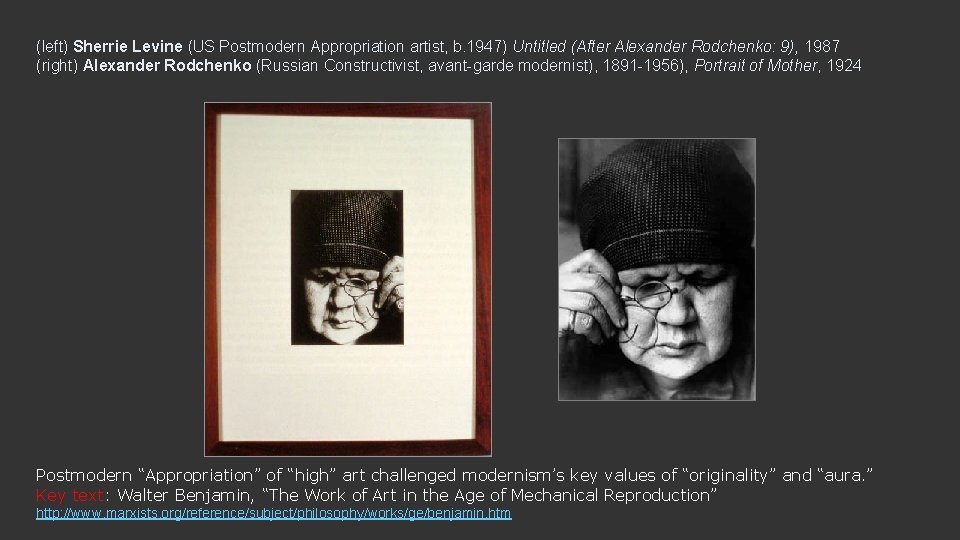 (left) Sherrie Levine (US Postmodern Appropriation artist, b. 1947) Untitled (After Alexander Rodchenko: 9),