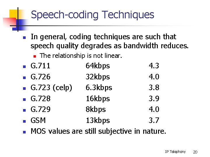 Speech-coding Techniques n In general, coding techniques are such that speech quality degrades as