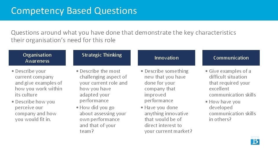 Competency Based Questions around what you have done that demonstrate the key characteristics their