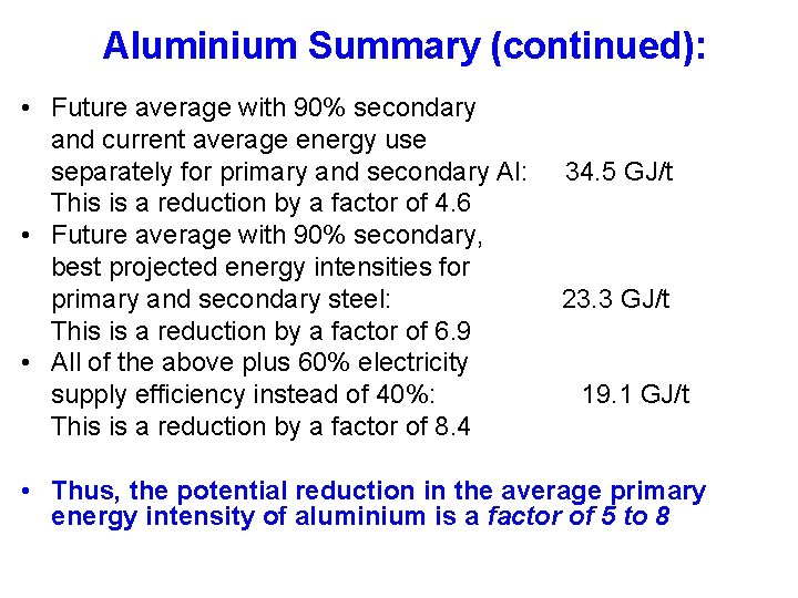 Aluminium Summary (continued): • Future average with 90% secondary and current average energy use