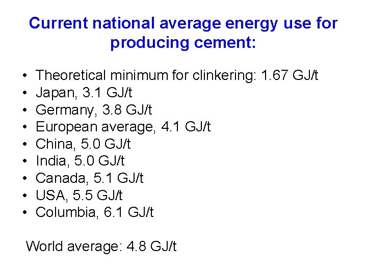 Current national average energy use for producing cement: • • • Theoretical minimum for