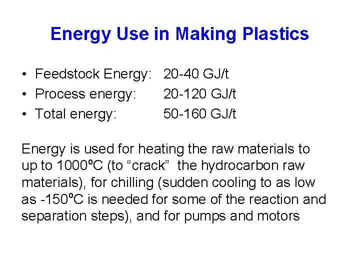 Energy Use in Making Plastics • Feedstock Energy: 20 -40 GJ/t • Process energy: