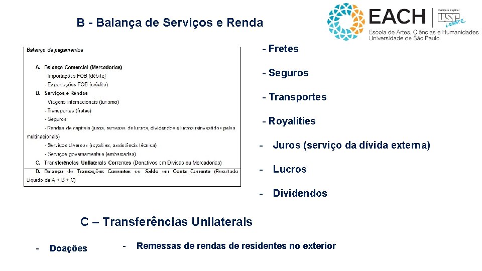 B - Balança de Serviços e Renda - Fretes - Seguros - Transportes -