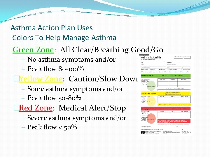 Asthma Action Plan Uses Colors To Help Manage Asthma Green Zone: All Clear/Breathing Good/Go