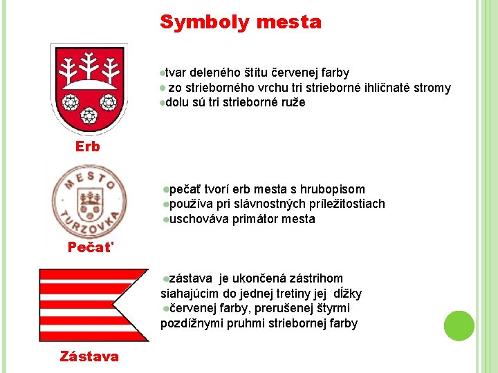 Symboly mesta tvar deleného štítu červenej farby zo strieborného vrchu tri strieborné ihličnaté stromy