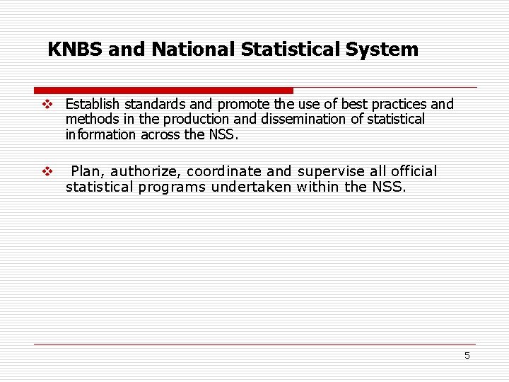KNBS and National Statistical System v Establish standards and promote the use of best