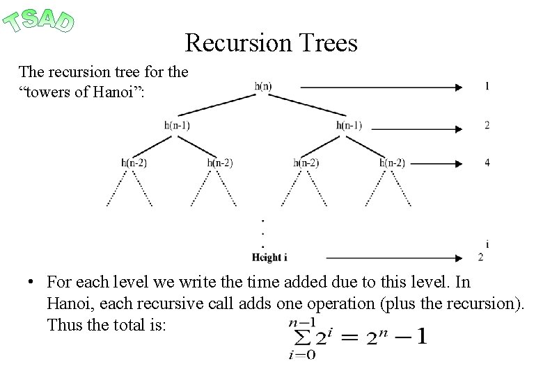 Recursion Trees The recursion tree for the “towers of Hanoi”: • For each level