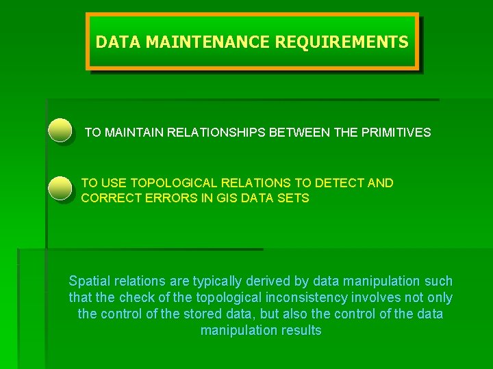 DATA MAINTENANCE REQUIREMENTS TO MAINTAIN RELATIONSHIPS BETWEEN THE PRIMITIVES TO USE TOPOLOGICAL RELATIONS TO