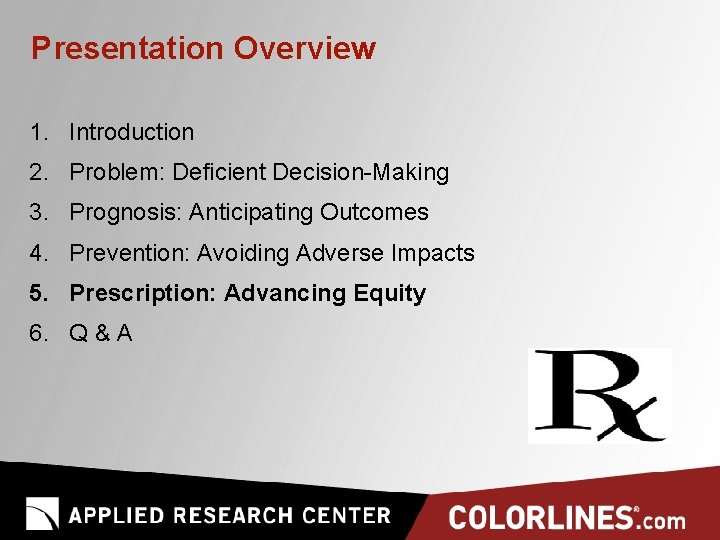 Presentation Overview 1. Introduction 2. Problem: Deficient Decision-Making 3. Prognosis: Anticipating Outcomes 4. Prevention: