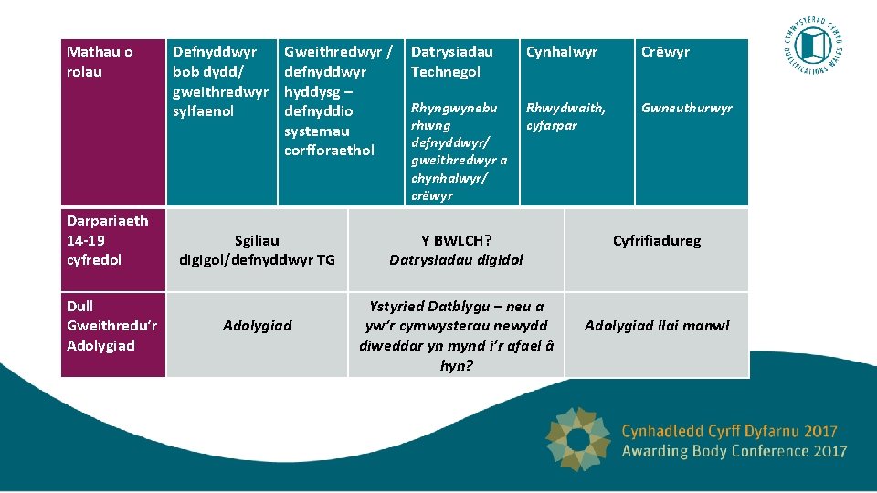 Mathau o rolau Darpariaeth 14 -19 cyfredol Dull Gweithredu’r Adolygiad Defnyddwyr bob dydd/ gweithredwyr