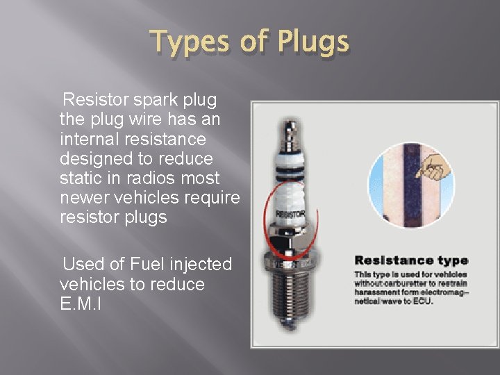 Types of Plugs Resistor spark plug the plug wire has an internal resistance designed