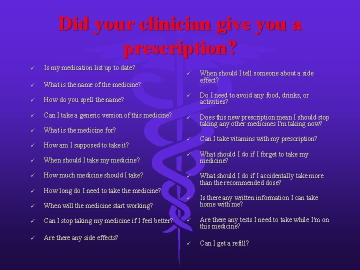 Did your clinician give you a prescription? ü Is my medication list up to