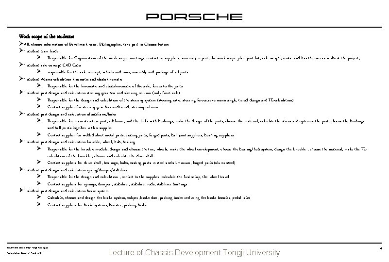 Work scope of the students: ØAll: choose information of Benchmark cars , Bibliographie, take