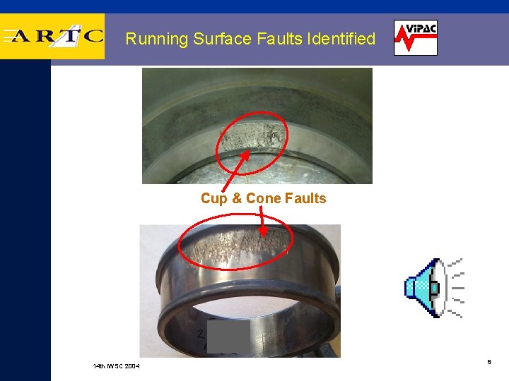 Running Surface Faults Identified Cup & Cone Faults 14 th IWSC 2004 8 