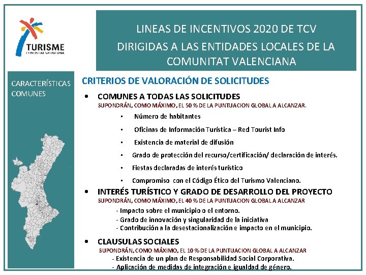 LINEAS DE INCENTIVOS 2020 DE TCV DIRIGIDAS A LAS ENTIDADES LOCALES DE LA COMUNITAT