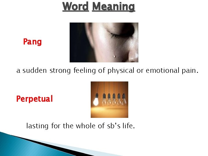 Word Meaning Pang a sudden strong feeling of physical or emotional pain. Perpetual lasting