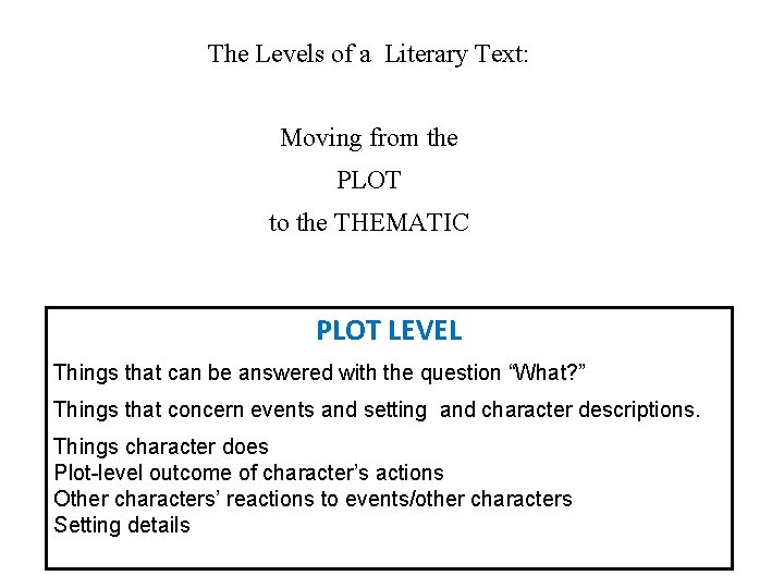 The Levels of a Literary Text: Moving from the PLOT to the THEMATIC PLOT