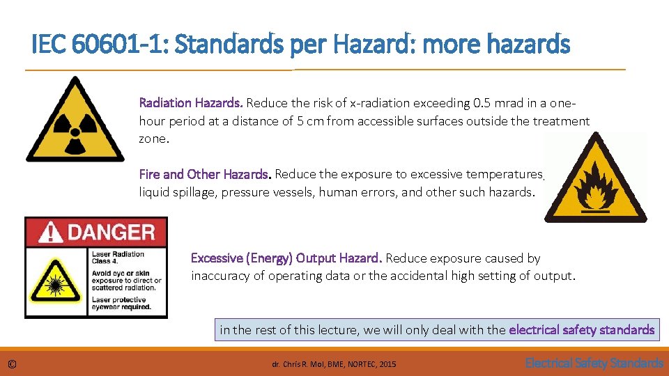 IEC 60601 -1: Standards per Hazard: more hazards Radiation Hazards. Reduce the risk of