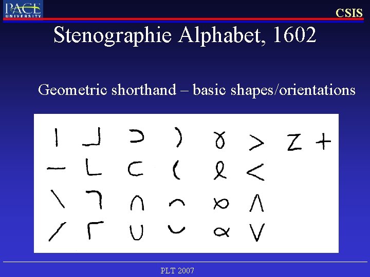 CSIS Stenographie Alphabet, 1602 Geometric shorthand – basic shapes/orientations PLT 2007 