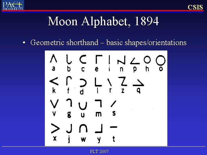 CSIS Moon Alphabet, 1894 • Geometric shorthand – basic shapes/orientations PLT 2007 