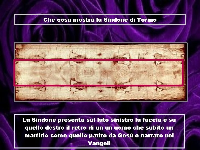 Che cosa mostra la Sindone di Torino La Sindone presenta sul lato sinistro la