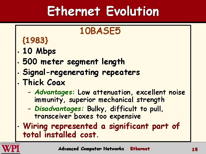Ethernet Evolution 10 BASE 5 § § {1983} 10 Mbps 500 meter segment length