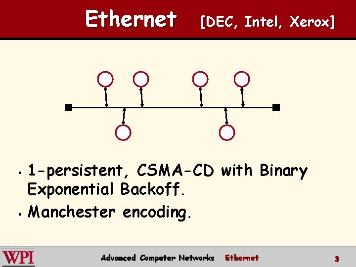 Ethernet [DEC, Intel, Xerox] 1 -persistent, CSMA-CD with Binary Exponential Backoff. § Manchester encoding.