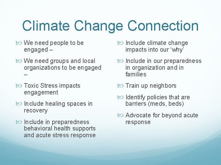 Climate Change Connection We need people to be Include climate change We need groups