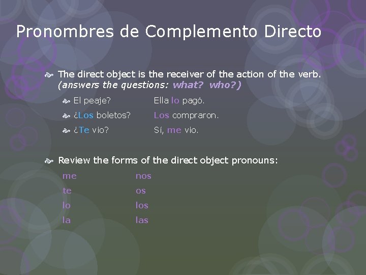 Pronombres de Complemento Directo The direct object is the receiver of the action of