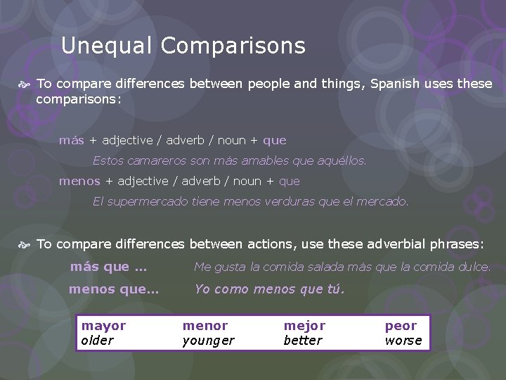 Unequal Comparisons To compare differences between people and things, Spanish uses these comparisons: más