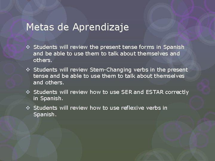 Metas de Aprendizaje v Students will review the present tense forms in Spanish and