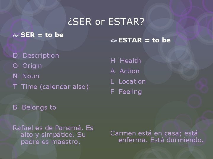 ¿SER or ESTAR? SER = to be D Description O Origin N Noun T