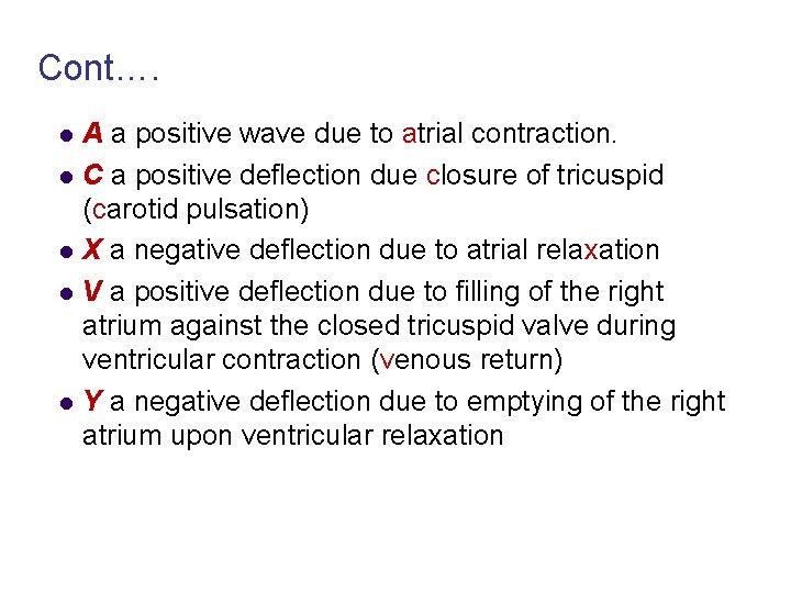 Cont…. l l l A a positive wave due to atrial contraction. C a
