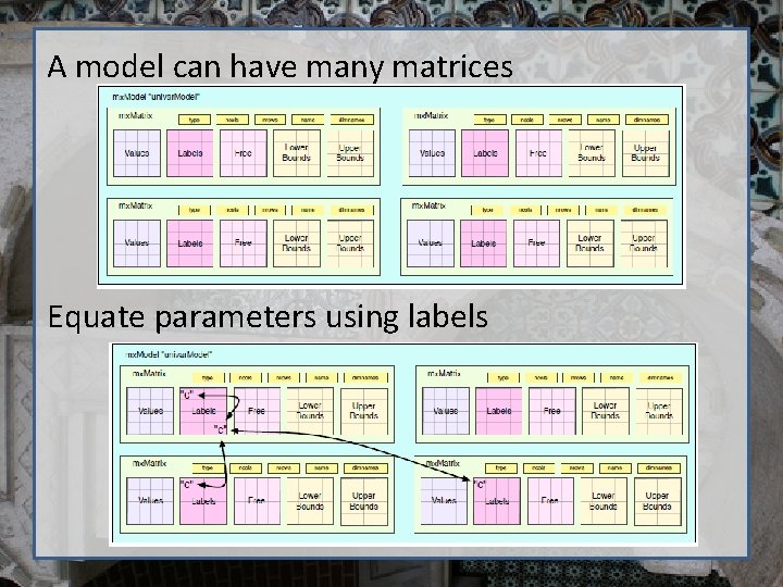 A model can have many matrices Equate parameters using labels 